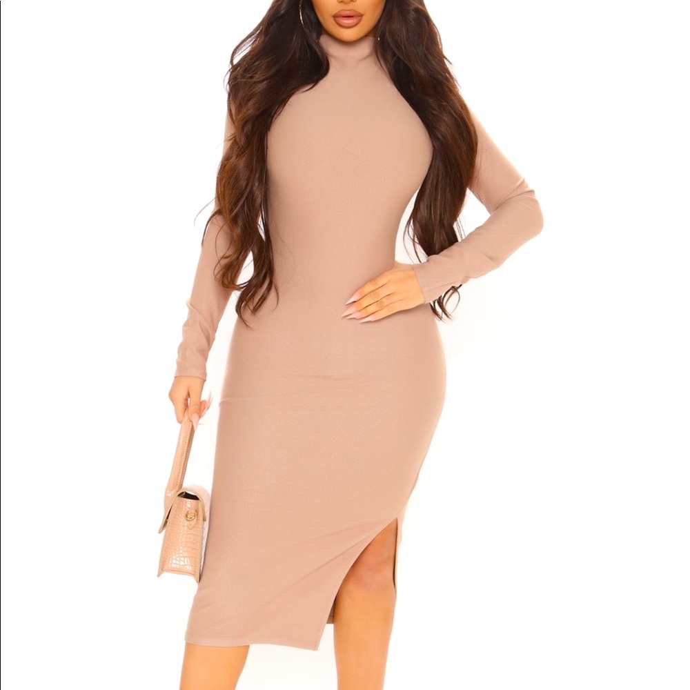 Taupe long sleeve midi dress